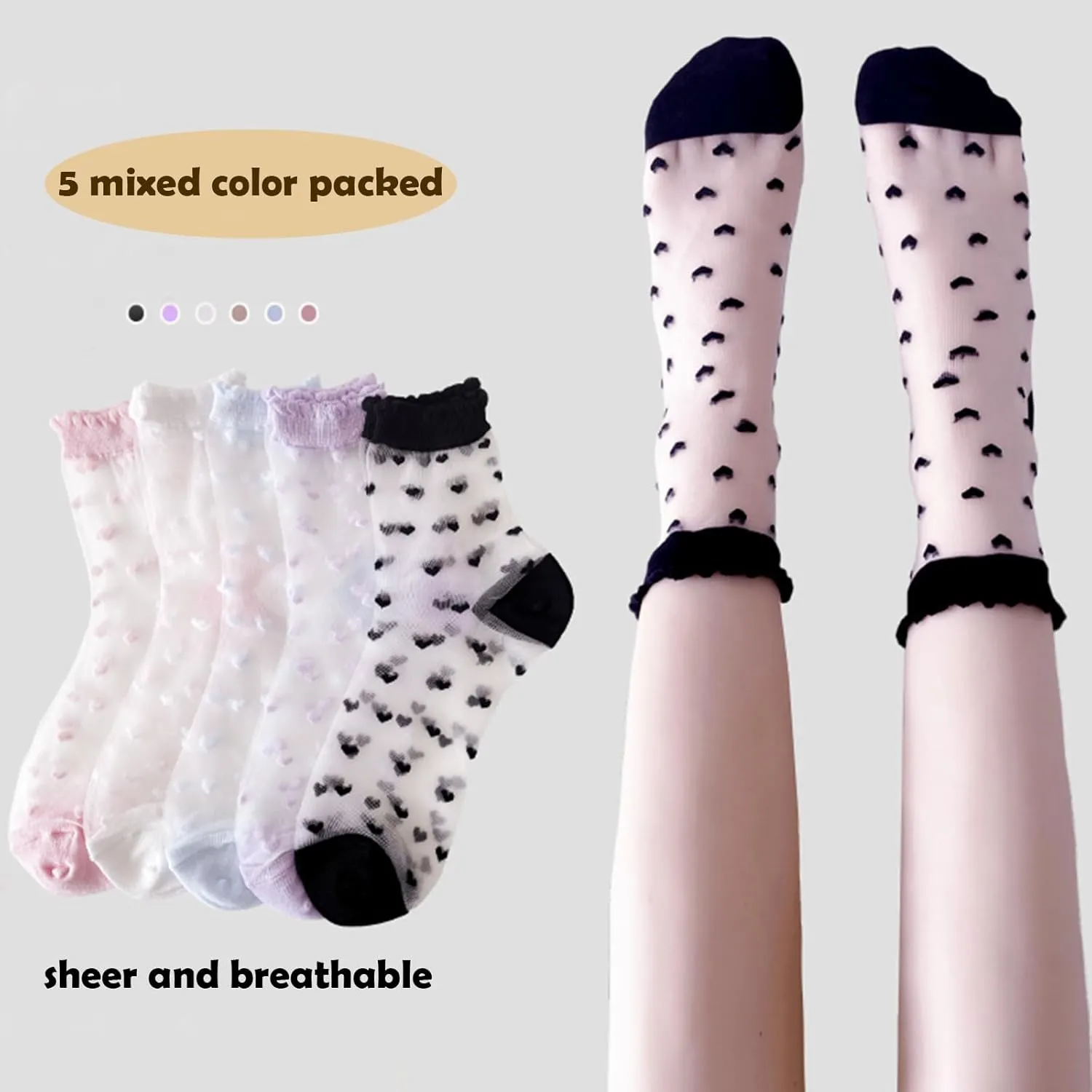 Cityelf 5 Pack Women Sheer Socks Summer Ruffle Thin Cool Footwear See Through Silky Lace Ankle Cute Stocking