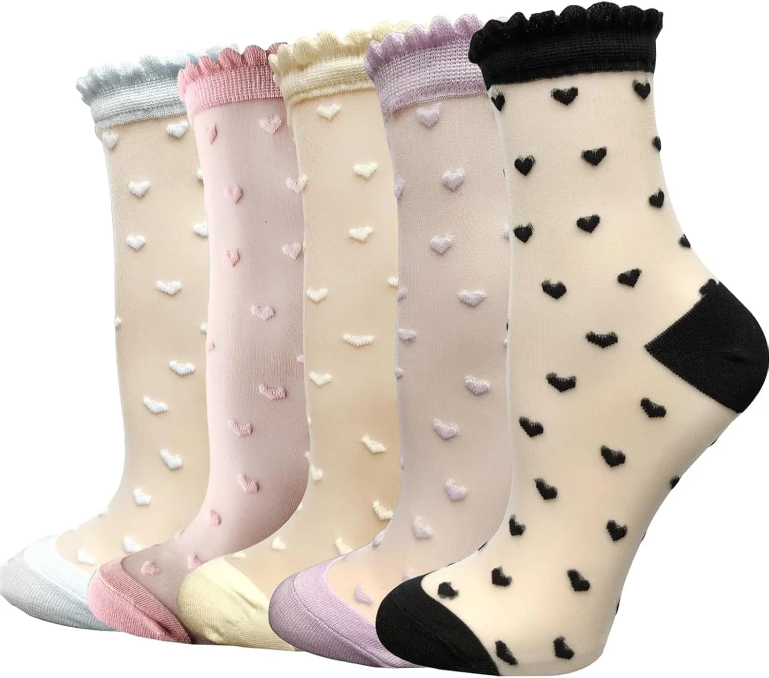 Cityelf 5 Pack Women Sheer Socks Summer Ruffle Thin Cool Footwear See Through Silky Lace Ankle Cute Stocking