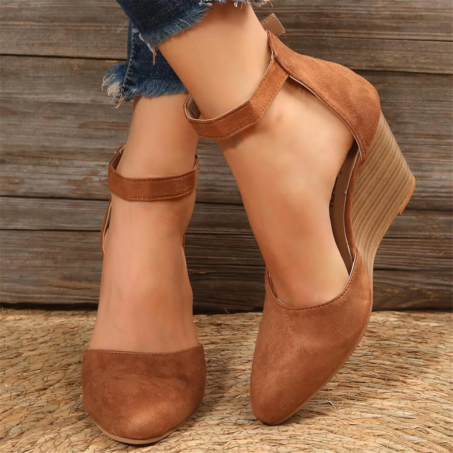Closed Toe Sandals Women Dressy Heel Women'S Retro Elegant Heeled Platform Shoes Canvas Summer Solid-color Thin Ankle Elastic Strap Wedge Heels Sandal