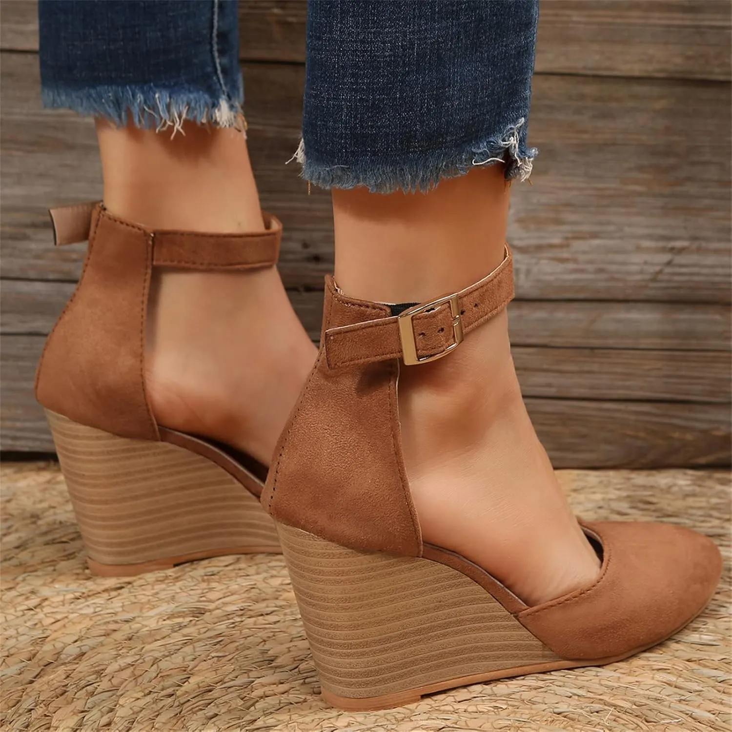 Closed Toe Sandals Women Dressy Heel Women'S Retro Elegant Heeled Platform Shoes Canvas Summer Solid-color Thin Ankle Elastic Strap Wedge Heels Sandal