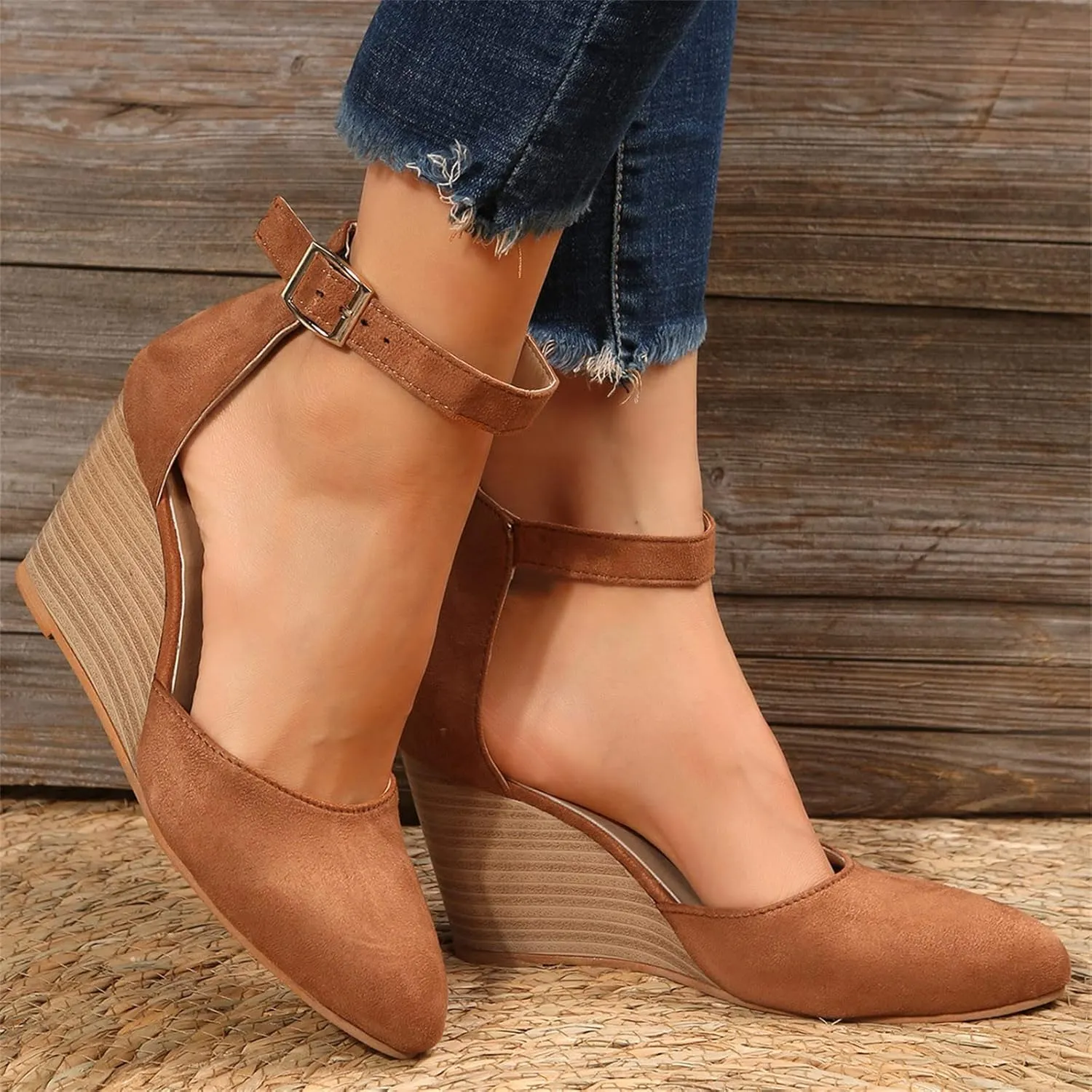 Closed Toe Sandals Women Dressy Heel Women'S Retro Elegant Heeled Platform Shoes Canvas Summer Solid-color Thin Ankle Elastic Strap Wedge Heels Sandal