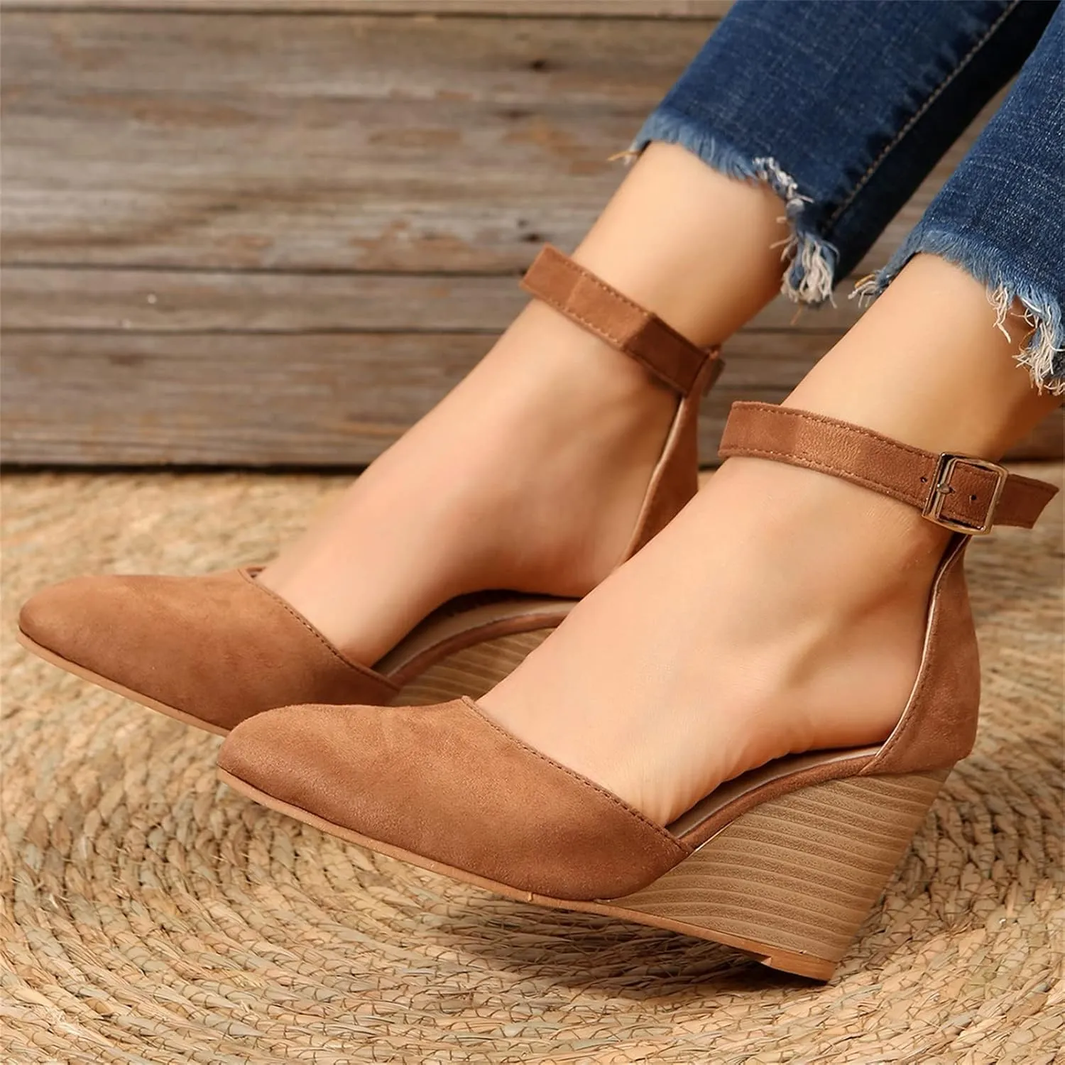 Closed Toe Sandals Women Dressy Heel Women'S Retro Elegant Heeled Platform Shoes Canvas Summer Solid-color Thin Ankle Elastic Strap Wedge Heels Sandal