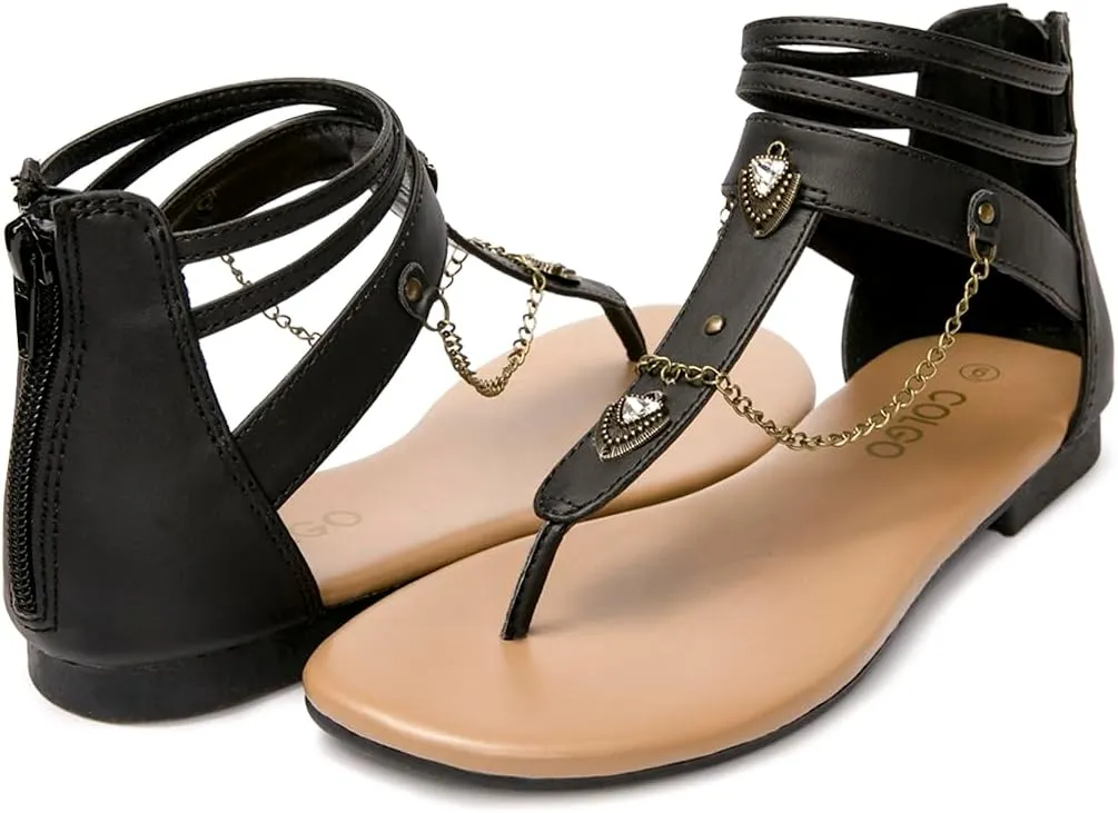 Colgo Thong Flat Sandals with Chain, Ankle Strap Zip Closure Flat Sandals, Women's Casual Sandals for Summer Party