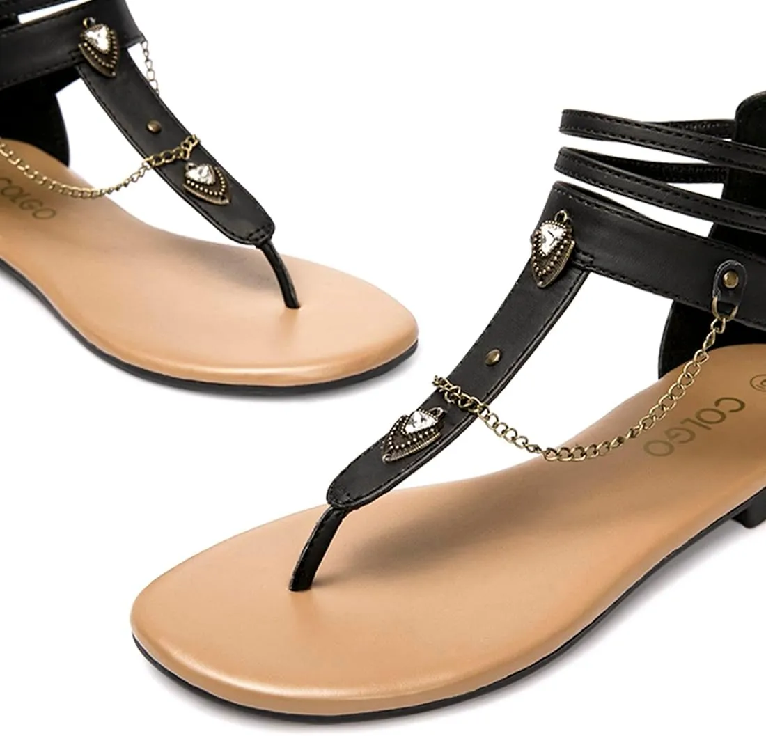 Colgo Thong Flat Sandals with Chain, Ankle Strap Zip Closure Flat Sandals, Women's Casual Sandals for Summer Party