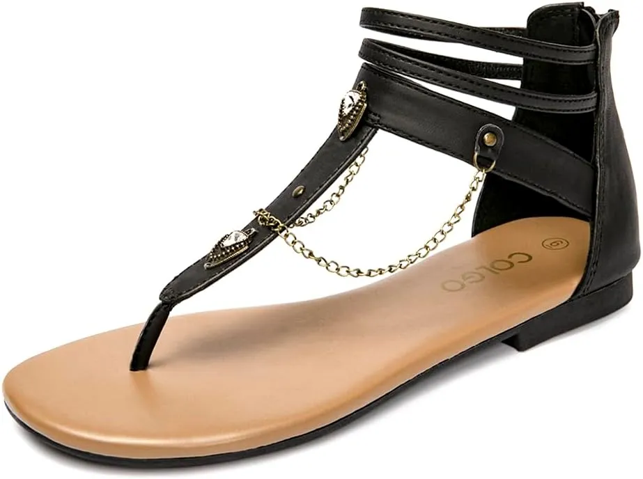 Colgo Thong Flat Sandals with Chain, Ankle Strap Zip Closure Flat Sandals, Women's Casual Sandals for Summer Party