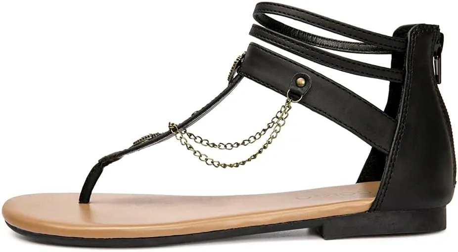 Colgo Thong Flat Sandals with Chain, Ankle Strap Zip Closure Flat Sandals, Women's Casual Sandals for Summer Party
