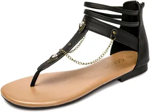 Colgo Thong Flat Sandals with Chain, Ankle Strap Zip Closure Flat Sandals, Women's Casual Sandals for Summer Party