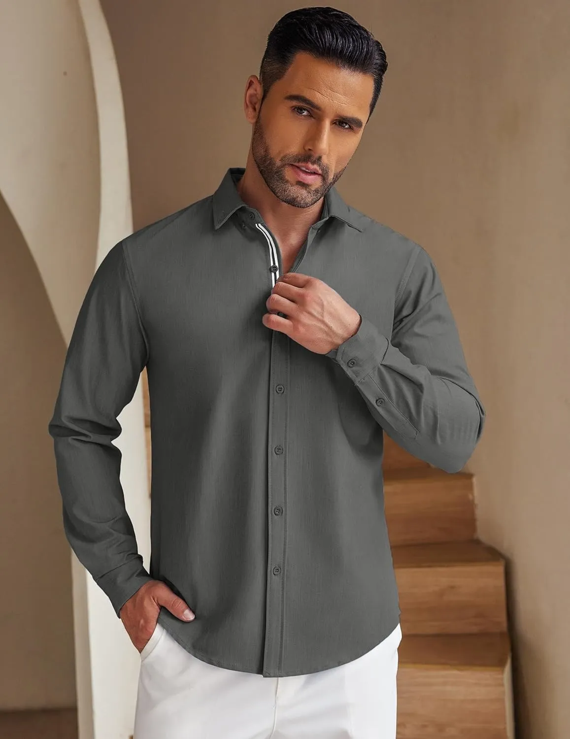 COOFANDY Mens Casual Button Down Shirt Untucked Long Sleeve Stretch Denim Dress Shirt