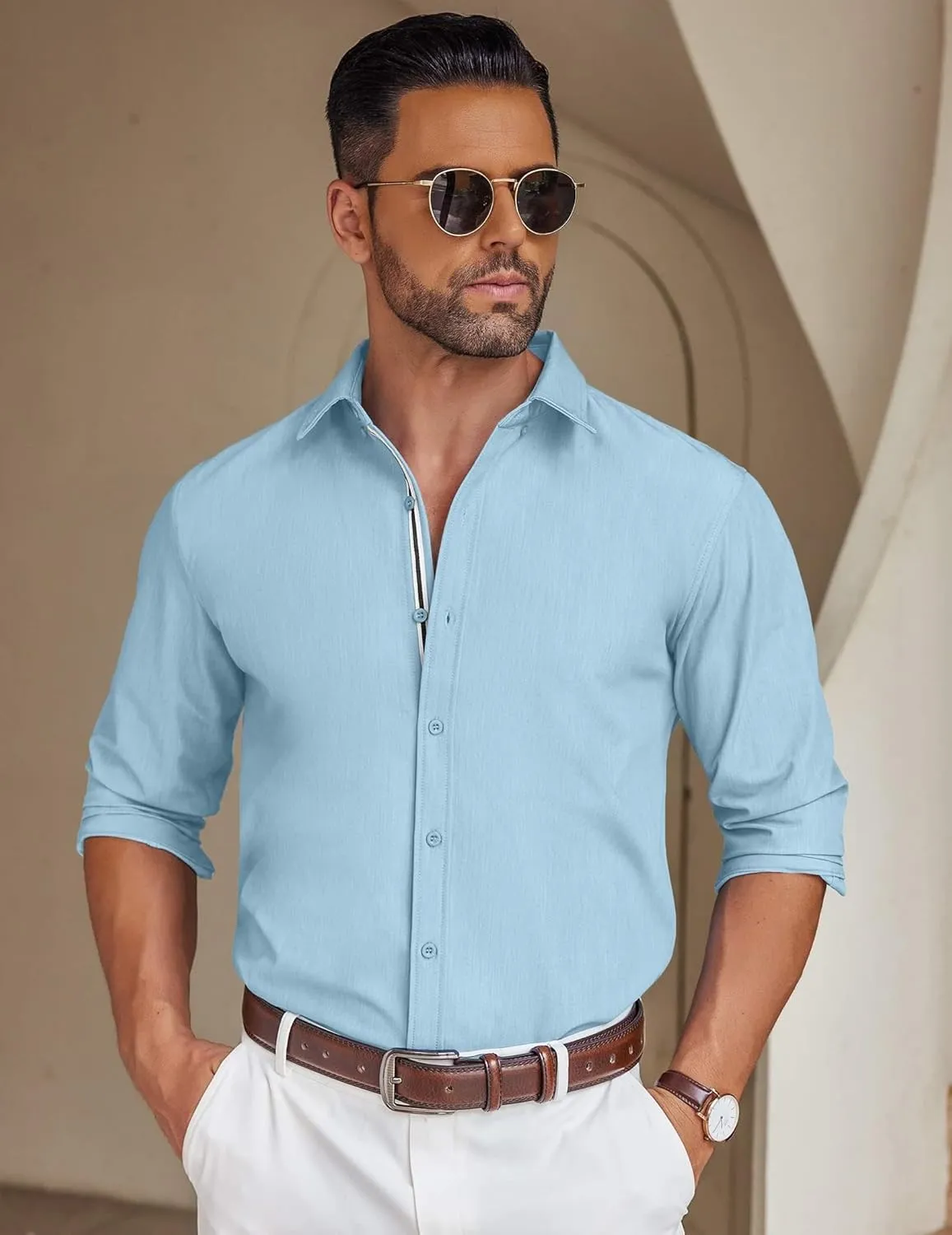 COOFANDY Mens Casual Button Down Shirt Untucked Long Sleeve Stretch Denim Dress Shirt