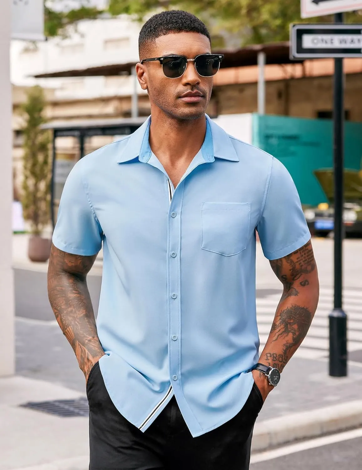 COOFANDY Men's Casual Button Down Shirts Stretch Short Sleeve Business Dress Shirt with Pocket