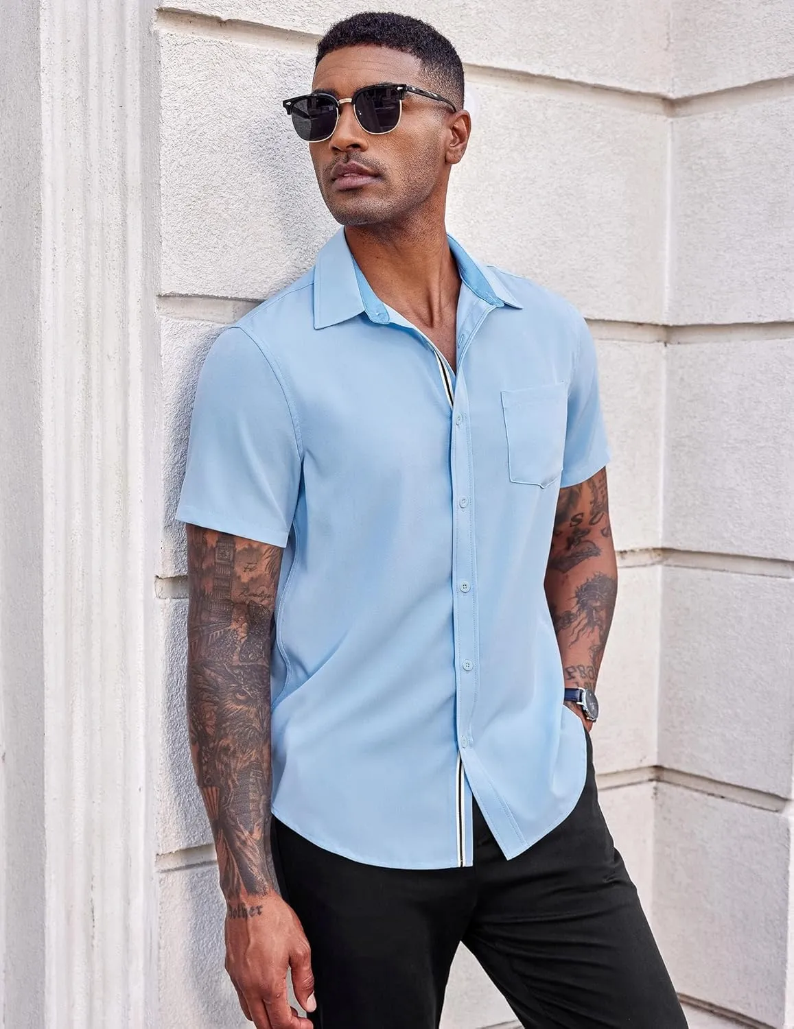 COOFANDY Men's Casual Button Down Shirts Stretch Short Sleeve Business Dress Shirt with Pocket