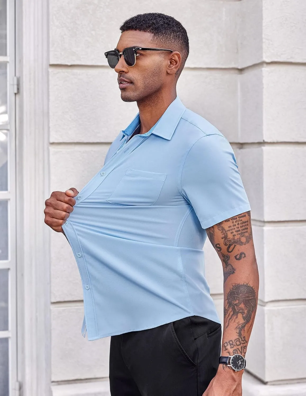 COOFANDY Men's Casual Button Down Shirts Stretch Short Sleeve Business Dress Shirt with Pocket