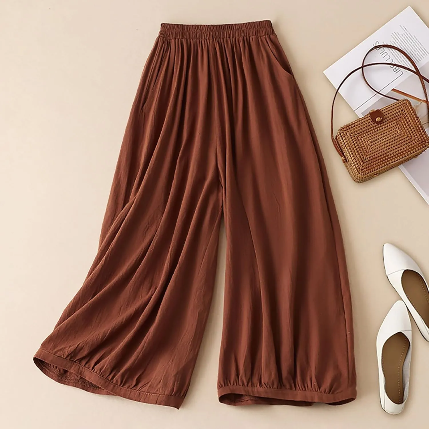 Cotton Clothes for Women Women's Linen Pants Loose Slimming Elastic Waist Wide Leg Ropa De Lino para Mujer De Verano