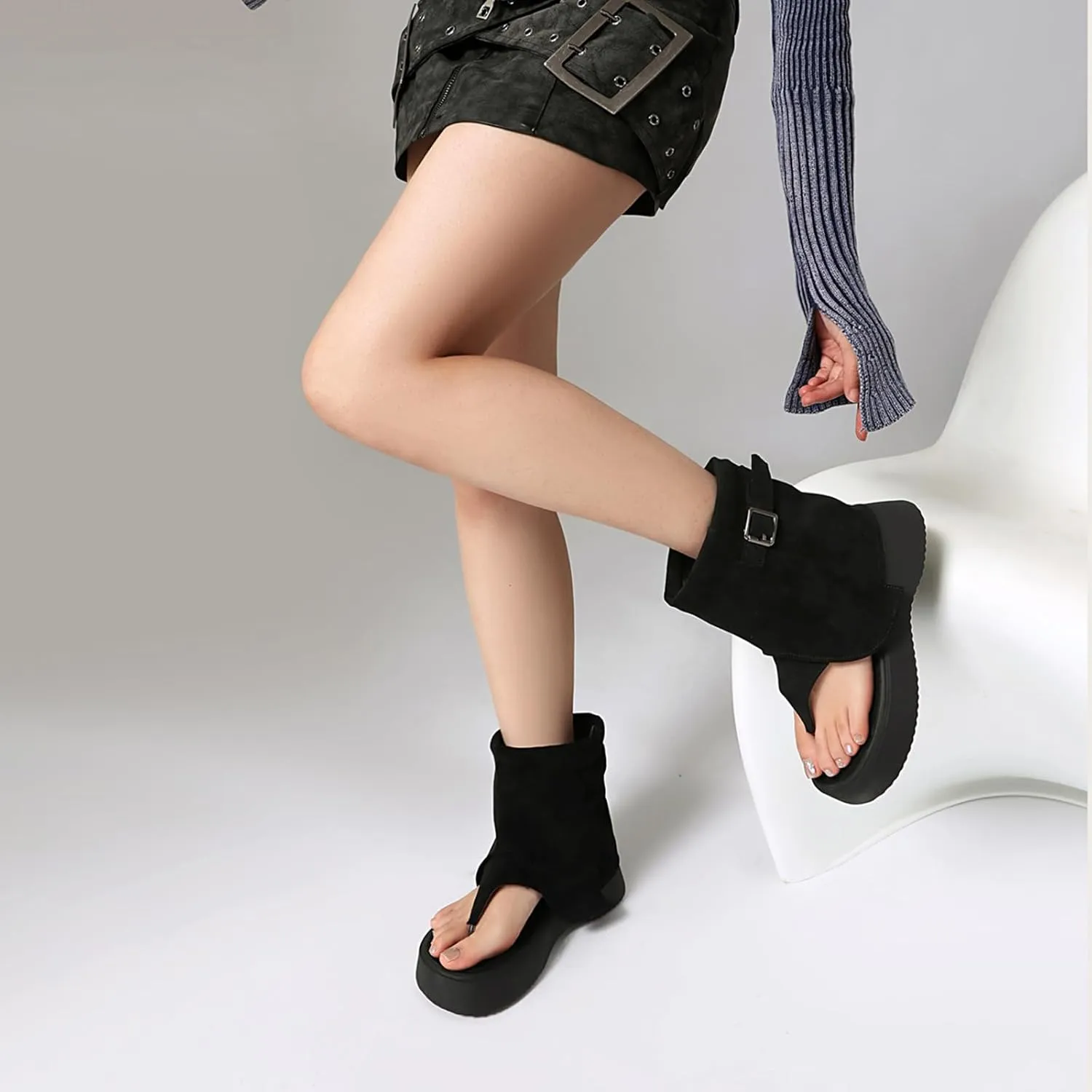 CouieCuies Thong Sandal Boots for Women Open Toe Boots Buckle Thick Sole Casual Shoes