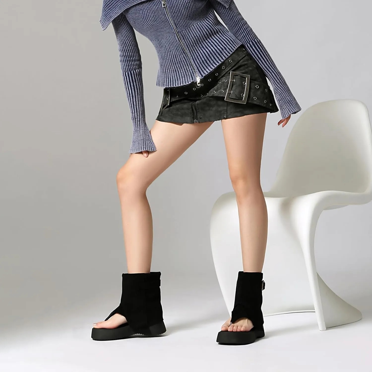 CouieCuies Thong Sandal Boots for Women Open Toe Boots Buckle Thick Sole Casual Shoes