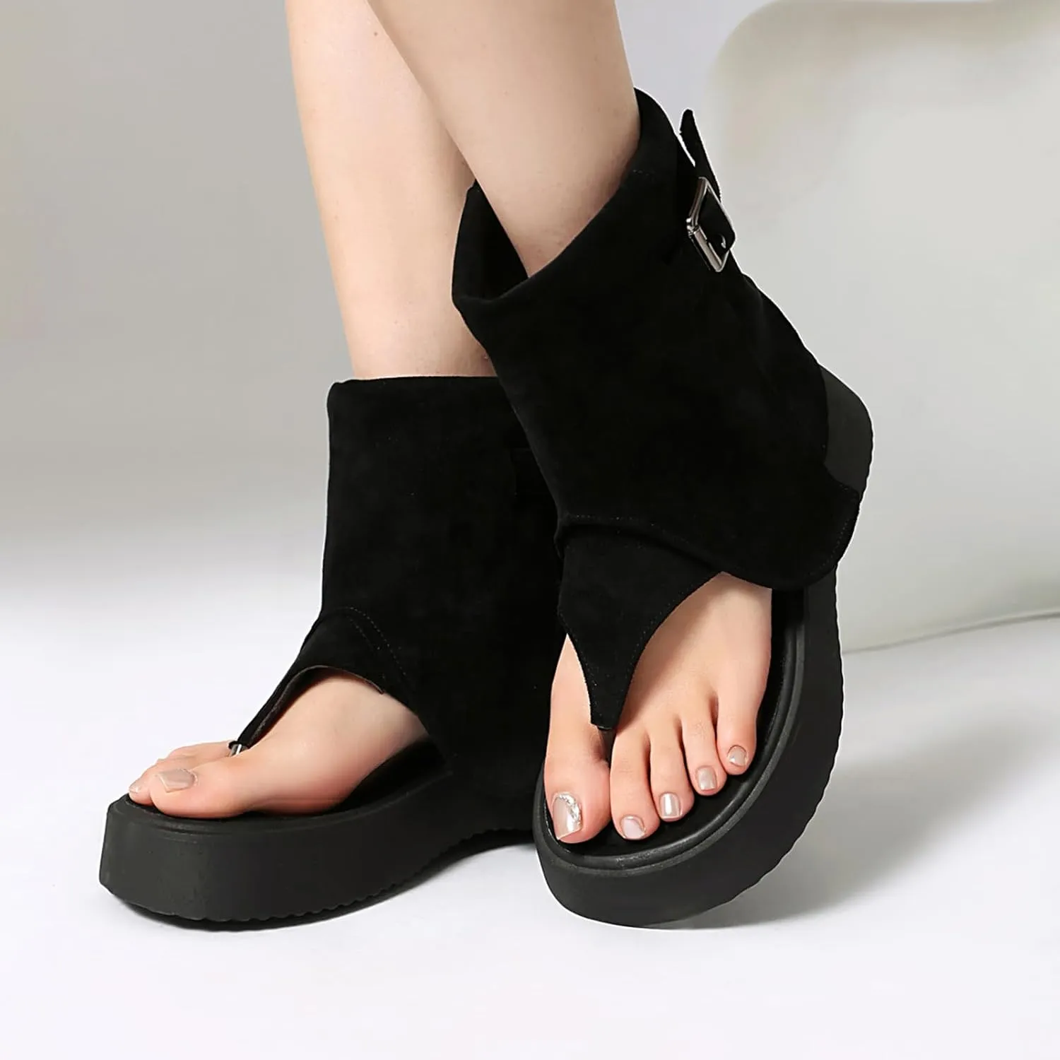 CouieCuies Thong Sandal Boots for Women Open Toe Boots Buckle Thick Sole Casual Shoes