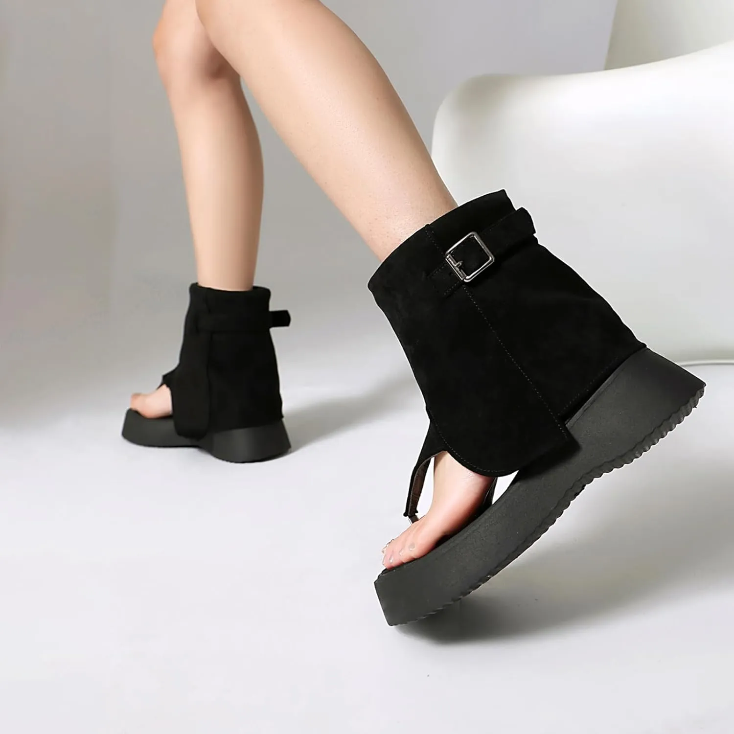CouieCuies Thong Sandal Boots for Women Open Toe Boots Buckle Thick Sole Casual Shoes