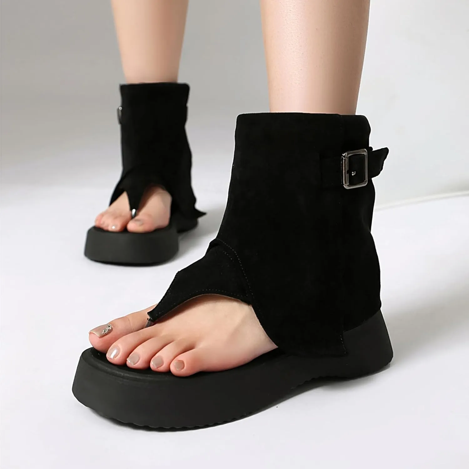 CouieCuies Thong Sandal Boots for Women Open Toe Boots Buckle Thick Sole Casual Shoes