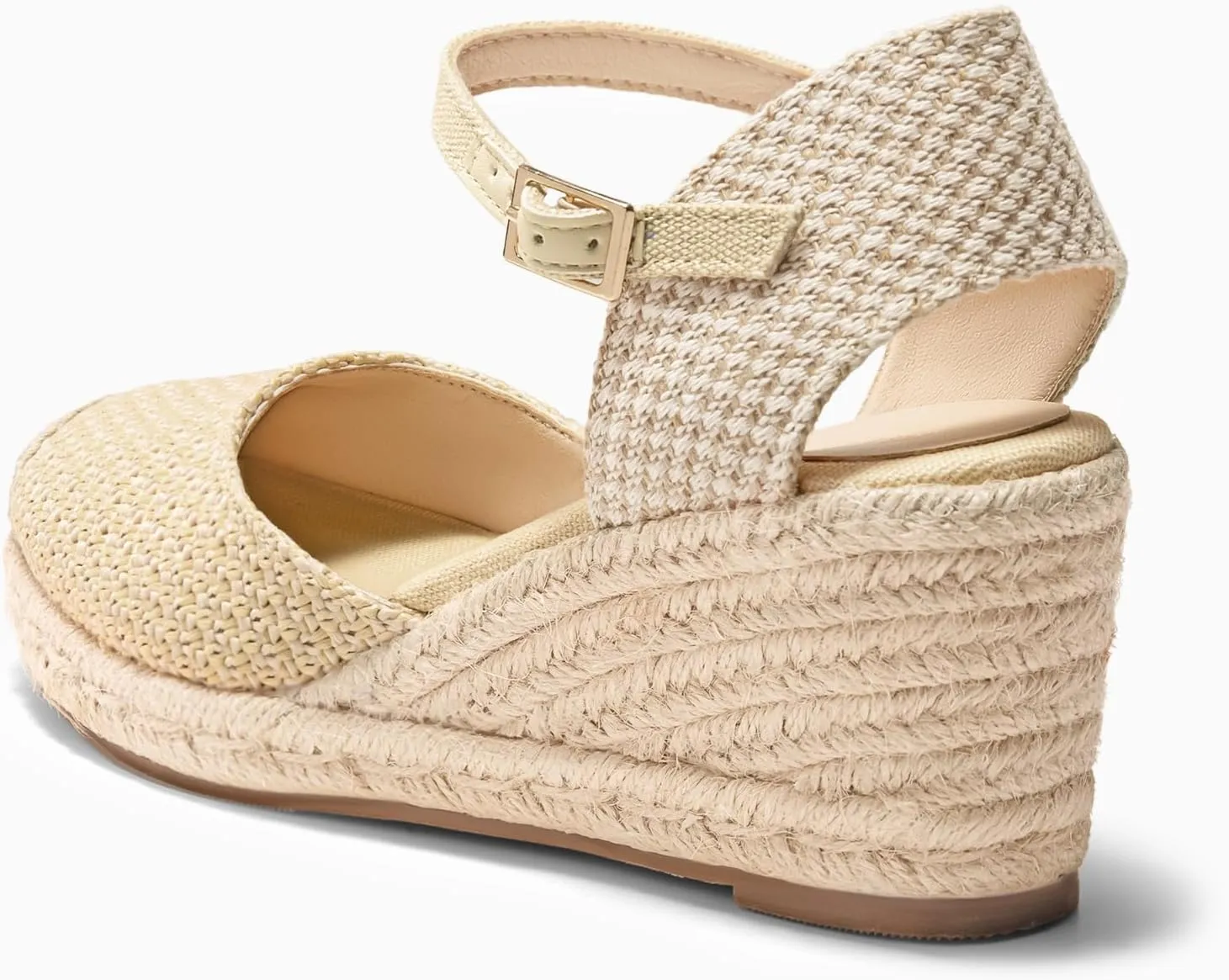 Coutgo Womens Platform Wedge Sandals Espadrilles Raffia Closed Toe Heels Ankle Buckle Strap Summer Beach Shoes