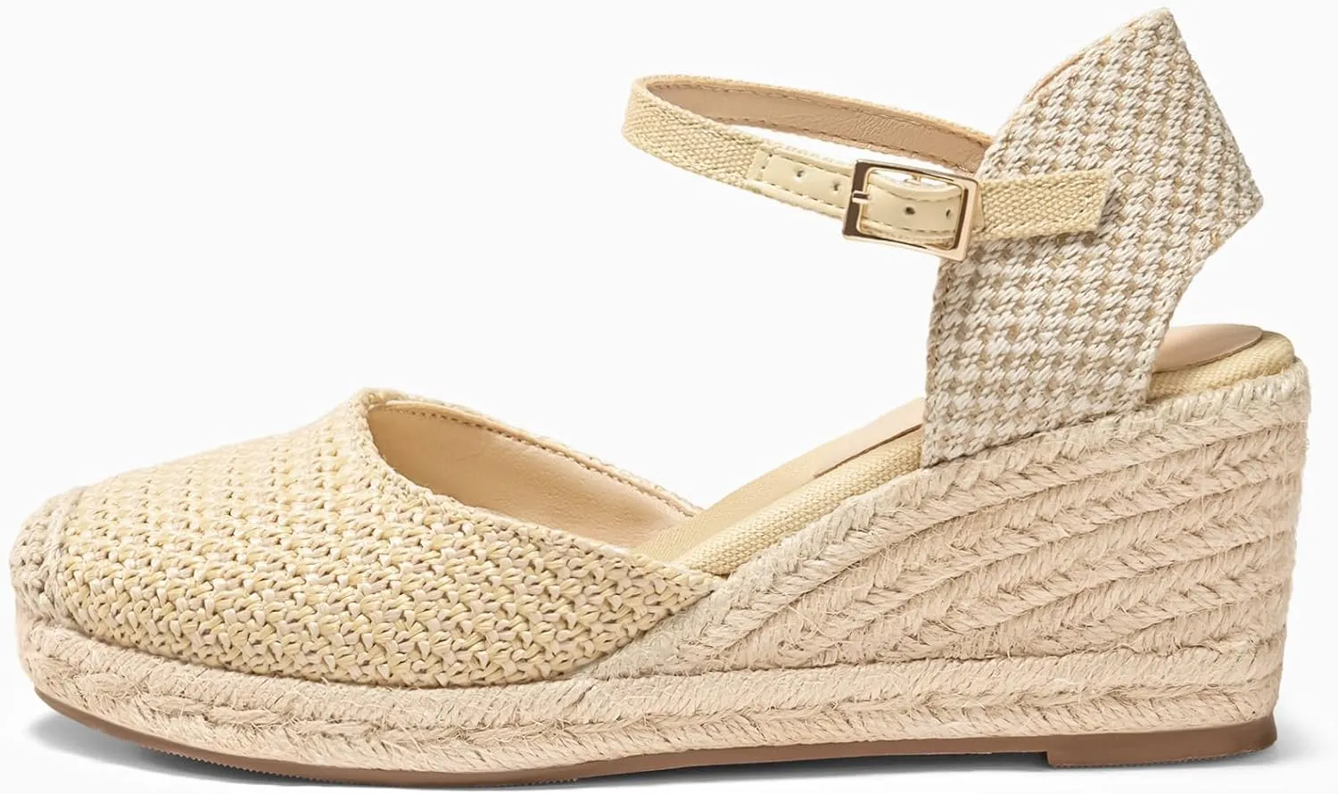 Coutgo Womens Platform Wedge Sandals Espadrilles Raffia Closed Toe Heels Ankle Buckle Strap Summer Beach Shoes