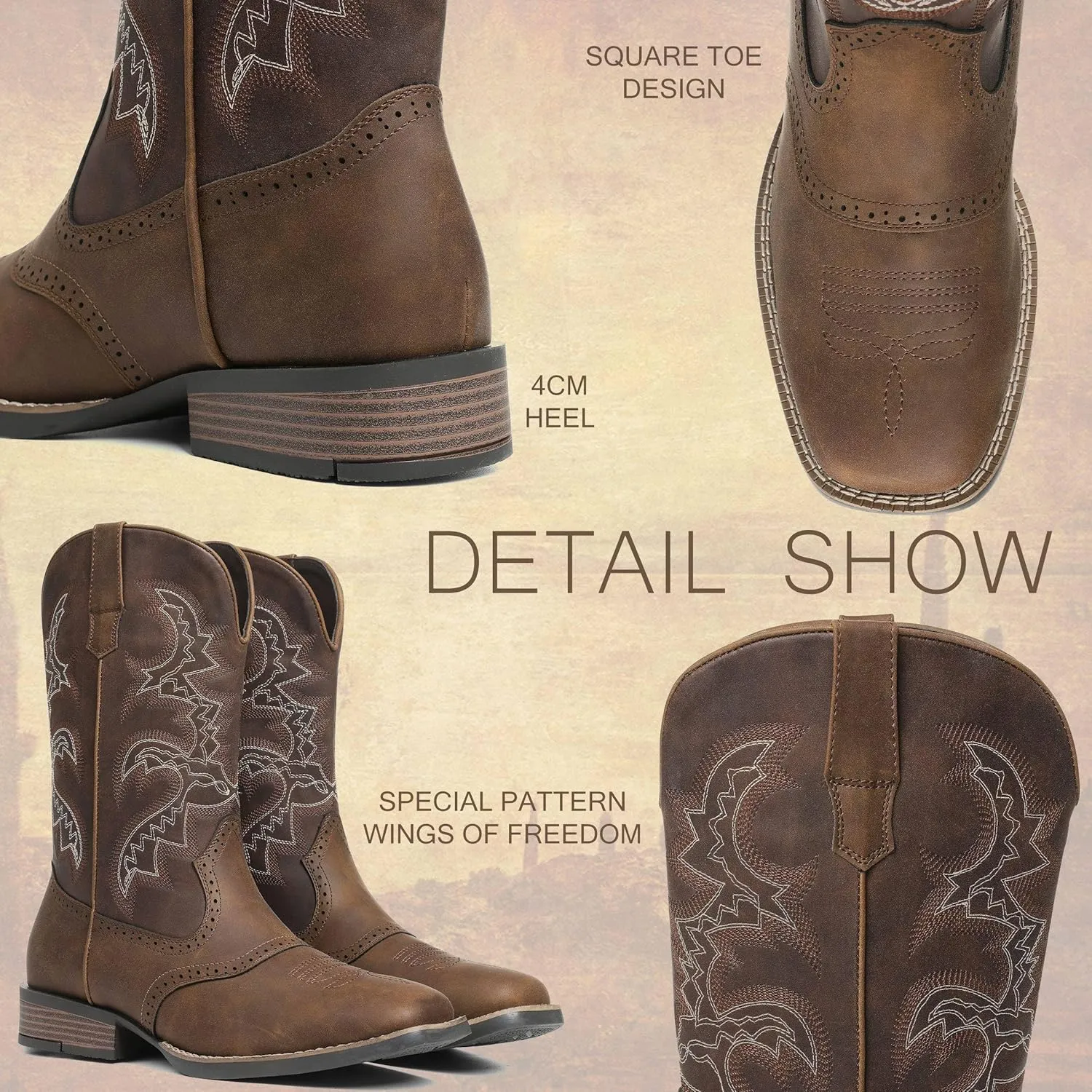 Cowboy Boots for Men Square Toe Western Boots Embroidered Pull On Slip Resistant Work Boots For Men Country Traditional Boots