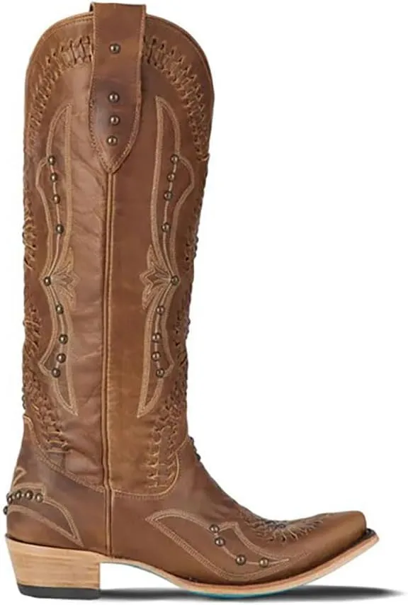 Cowboy Boots for Women, Knee High Western Cowgirl Boots Pointed Toe Chunky Heel Pull on Zipper Fashion Vintage Tall Shoes