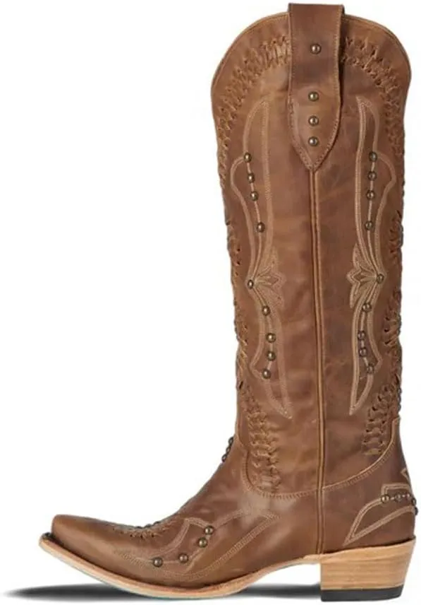 Cowboy Boots for Women, Knee High Western Cowgirl Boots Pointed Toe Chunky Heel Pull on Zipper Fashion Vintage Tall Shoes