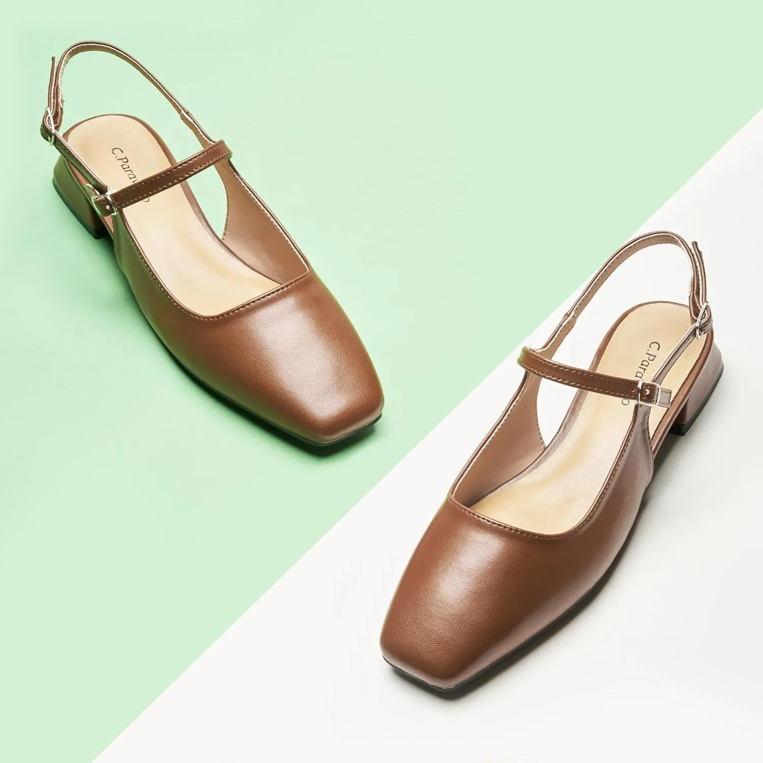 C.Paravano Women's Slingback Flats | Square Toe Slingback Flats for Women | Block Heel Sandals