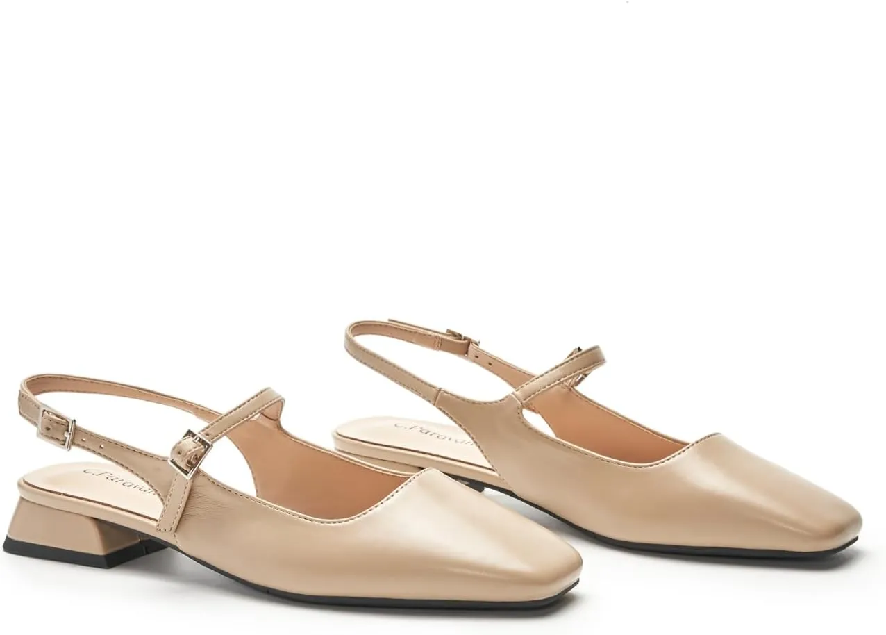 C.Paravano Women's Slingback Flats | Square Toe Slingback Flats for Women | Block Heel Sandals