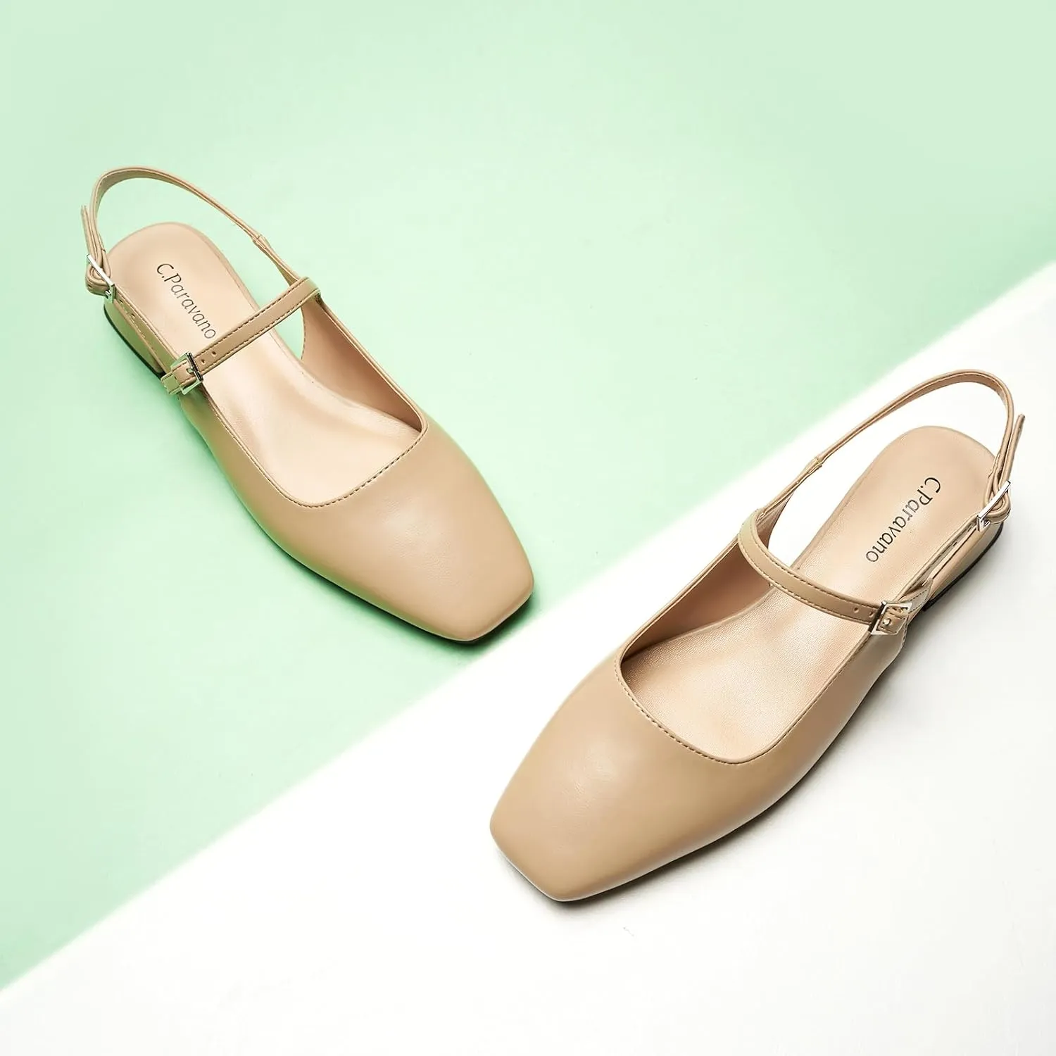 C.Paravano Women's Slingback Flats | Square Toe Slingback Flats for Women | Block Heel Sandals