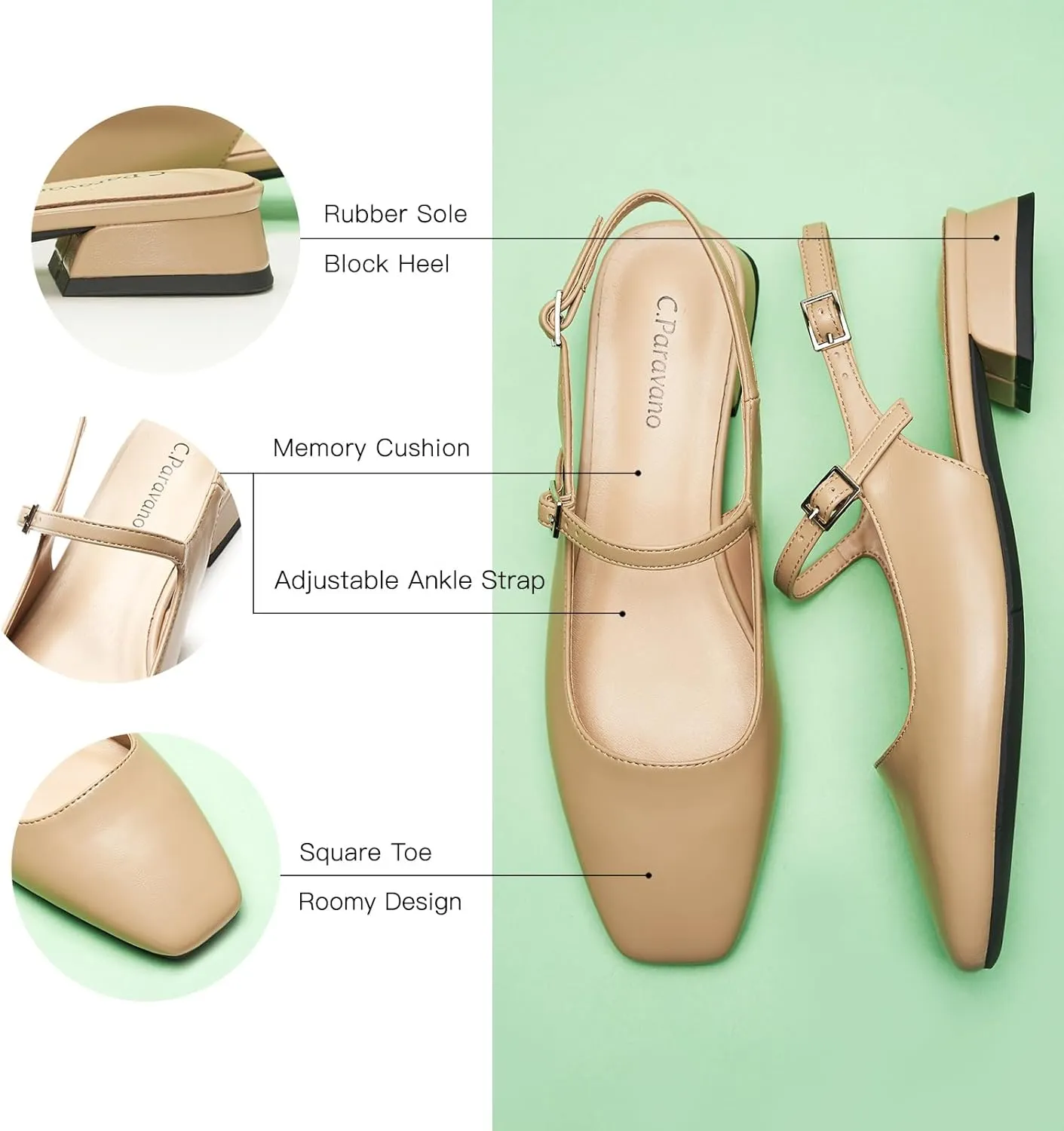C.Paravano Women's Slingback Flats | Square Toe Slingback Flats for Women | Block Heel Sandals
