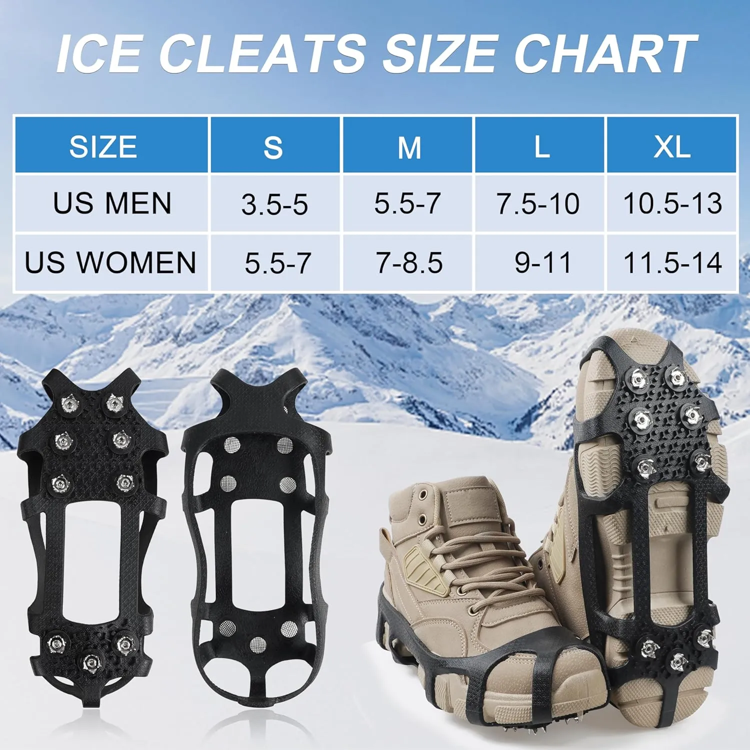 Crampons Ice Cleats for Shoes and Boots Traction Snow Cleats with 9 Studs Snow Cleats Chains Non Slip Rubber Crampons for Hiking Boots Men Women Ice Snow Winter Walking Climbing Fishing