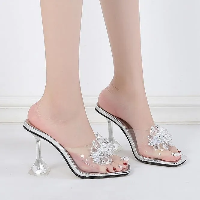 Crystal Flower Heels for Women High Heels Square Toe Flower Stiletto Sandals Clear Rhinestone Mules Slip on Dress Shoes