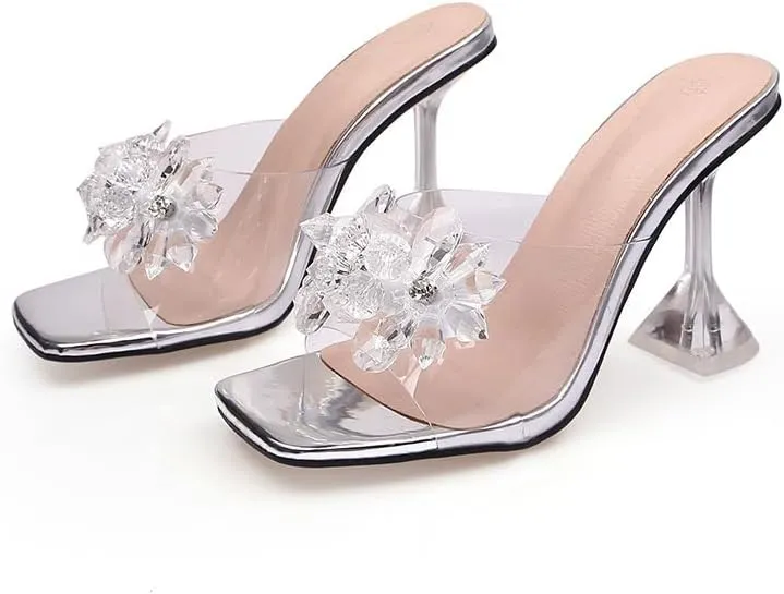 Crystal Flower Heels for Women High Heels Square Toe Flower Stiletto Sandals Clear Rhinestone Mules Slip on Dress Shoes