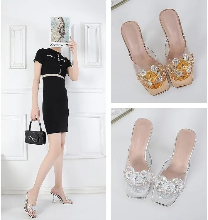 Crystal Flower Heels for Women High Heels Square Toe Flower Stiletto Sandals Clear Rhinestone Mules Slip on Dress Shoes