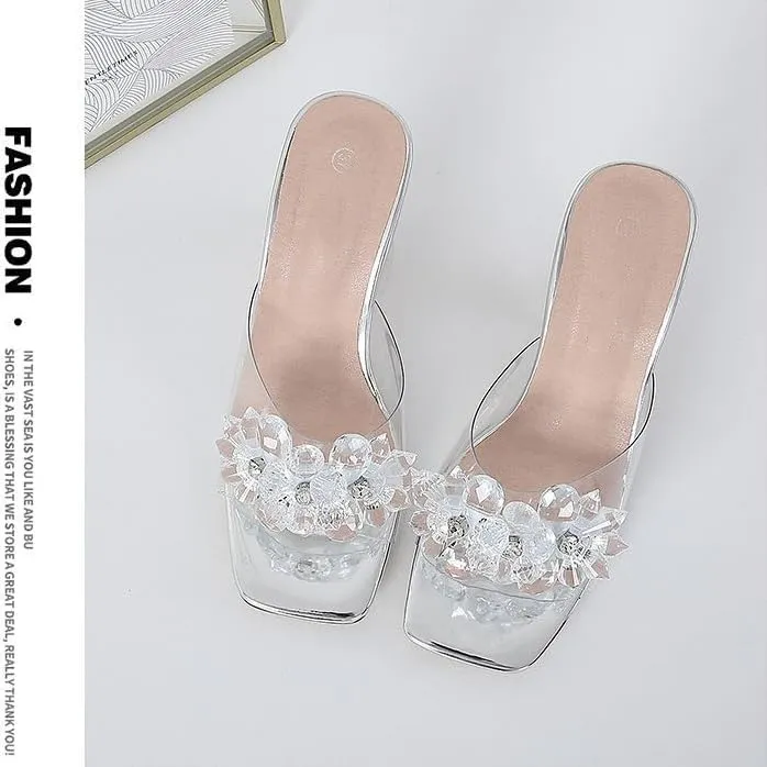 Crystal Flower Heels for Women High Heels Square Toe Flower Stiletto Sandals Clear Rhinestone Mules Slip on Dress Shoes