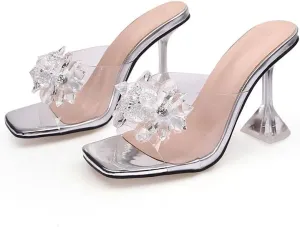Crystal Flower Heels for Women High Heels Square Toe Flower Stiletto Sandals Clear Rhinestone Mules Slip on Dress Shoes