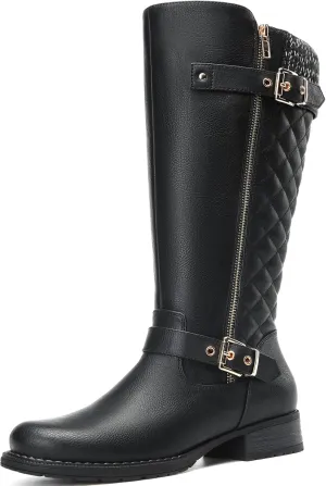 DECARSDZ Women's Knee-High Boots Fashion Riding Booite Metal Buckle Calf Boot