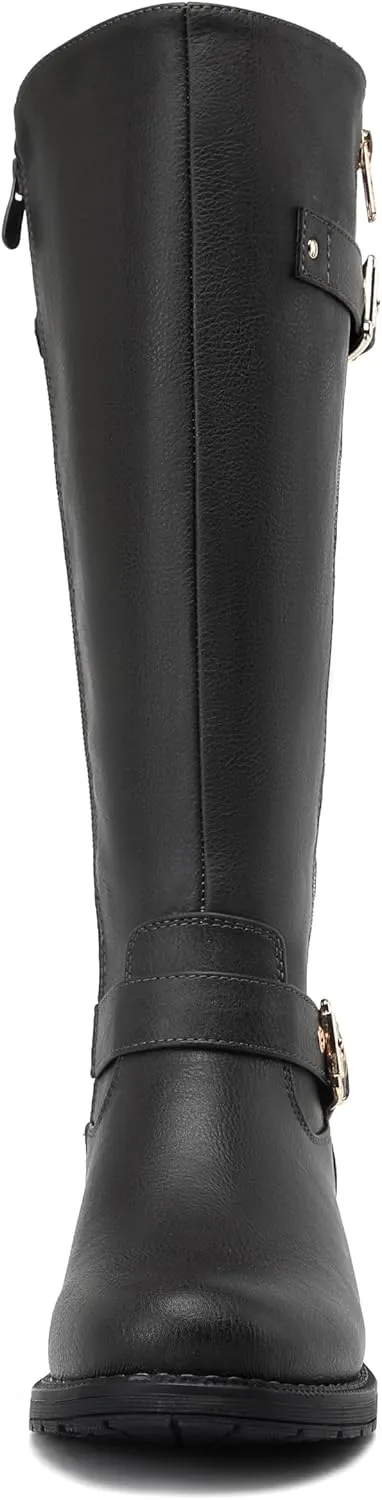 DECARSDZ Women's Knee-High Boots Fashion Riding Booite Metal Buckle Calf Boot