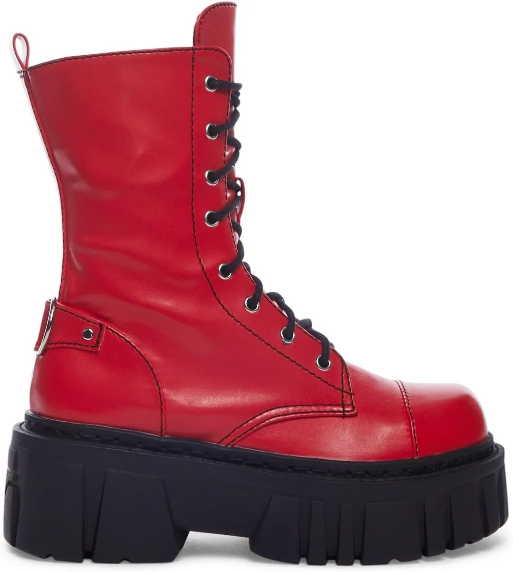 Dolls Kill Devil Games Mismatched Combat Boots – Red Vegan Leather Platform Boots with Adjustable Lace-Ups & Side Zippers