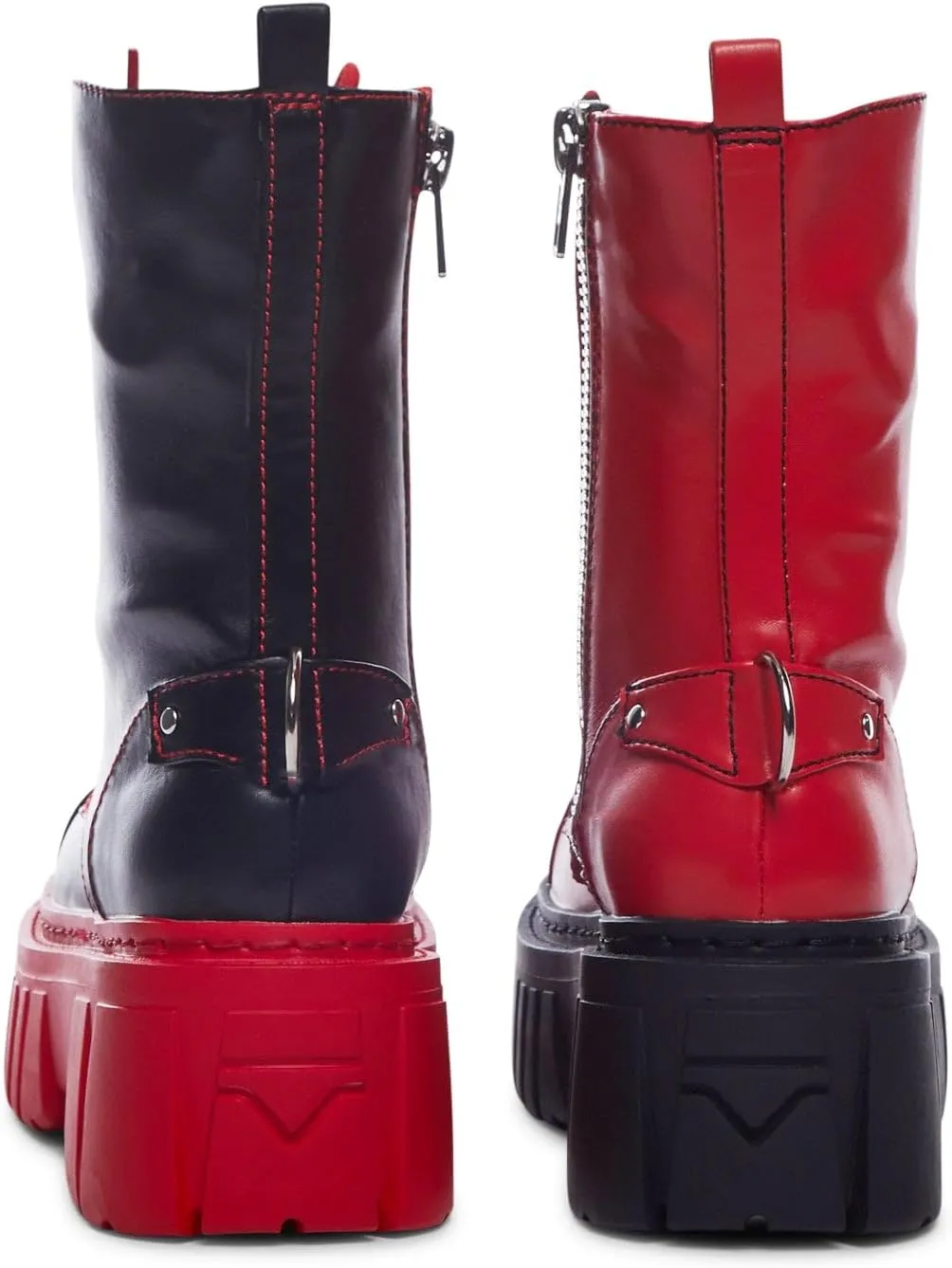 Dolls Kill Devil Games Mismatched Combat Boots – Red Vegan Leather Platform Boots with Adjustable Lace-Ups & Side Zippers