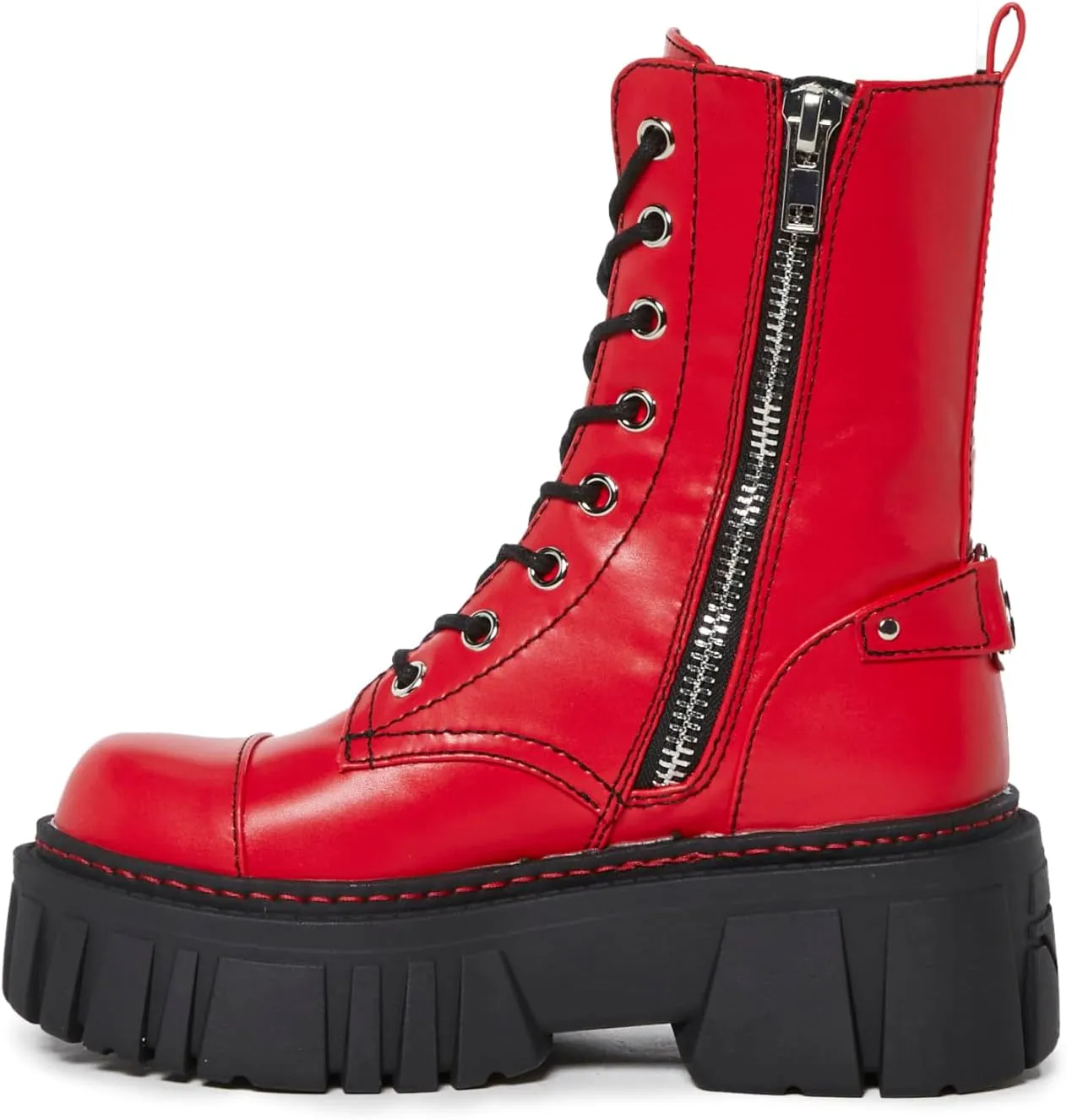 Dolls Kill Devil Games Mismatched Combat Boots – Red Vegan Leather Platform Boots with Adjustable Lace-Ups & Side Zippers