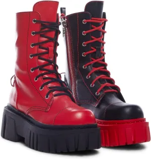 Dolls Kill Devil Games Mismatched Combat Boots – Red Vegan Leather Platform Boots with Adjustable Lace-Ups & Side Zippers
