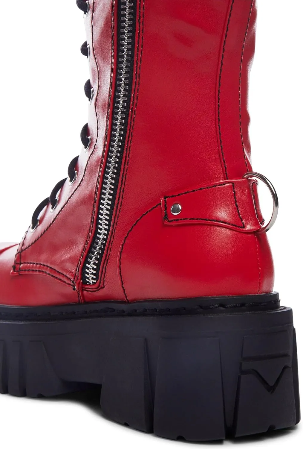 Dolls Kill Devil Games Mismatched Combat Boots – Red Vegan Leather Platform Boots with Adjustable Lace-Ups & Side Zippers