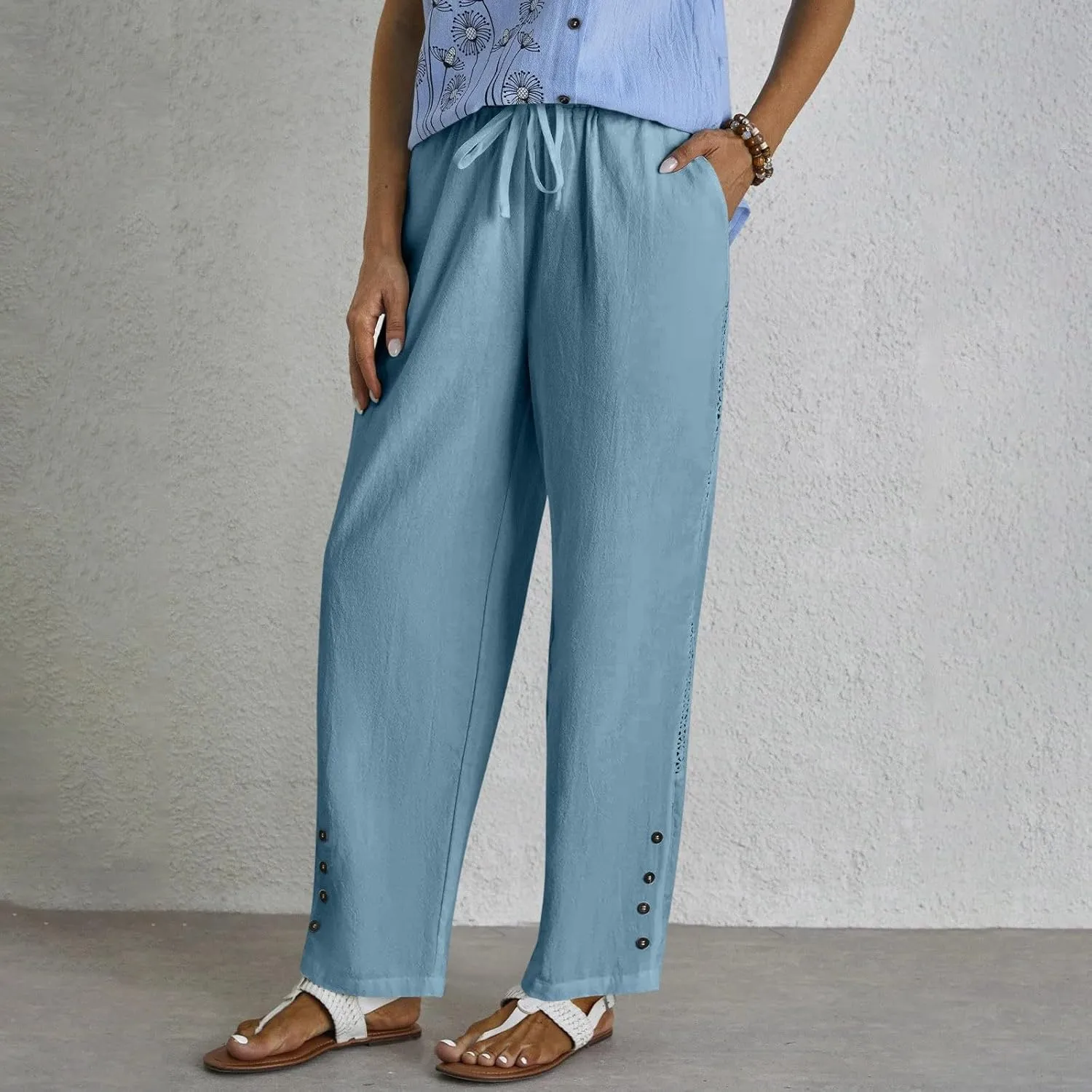 Drawstring Waist Linen Pants for Women Elastic Waistband Straight Leg Button Detailing Trouser Beach Boho Casual Pant