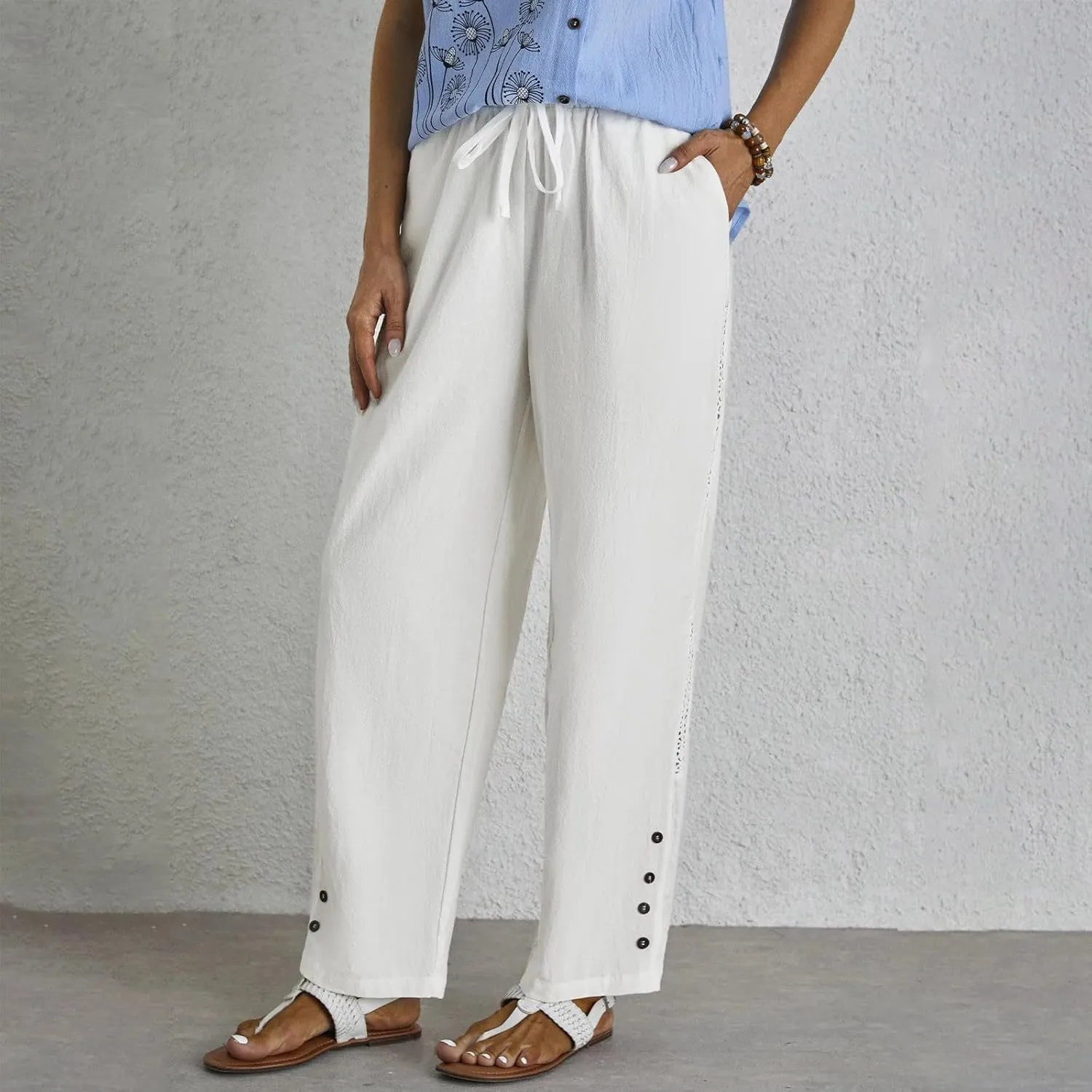 Drawstring Waist Linen Pants for Women Elastic Waistband Straight Leg Button Detailing Trouser Beach Boho Casual Pant