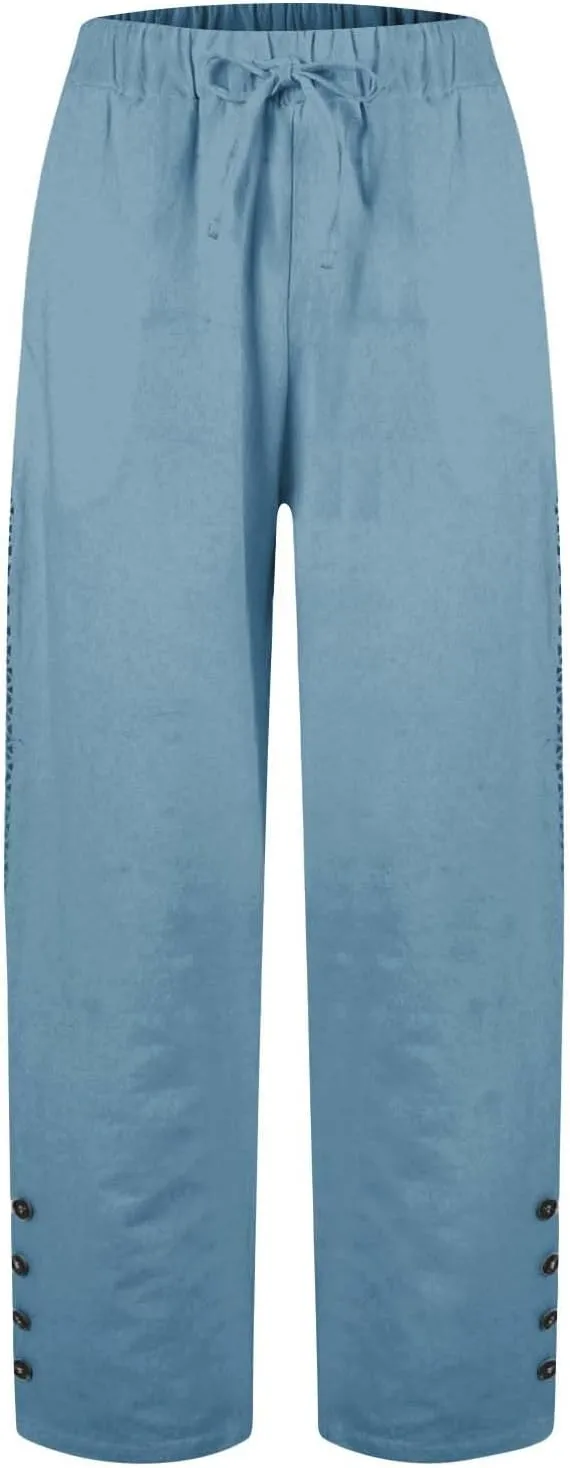 Drawstring Waist Linen Pants for Women Elastic Waistband Straight Leg Button Detailing Trouser Beach Boho Casual Pant