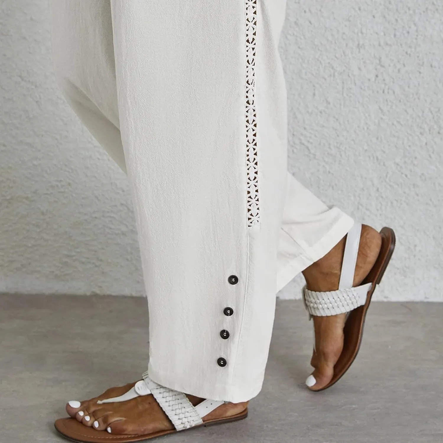 Drawstring Waist Linen Pants for Women Elastic Waistband Straight Leg Button Detailing Trouser Beach Boho Casual Pant