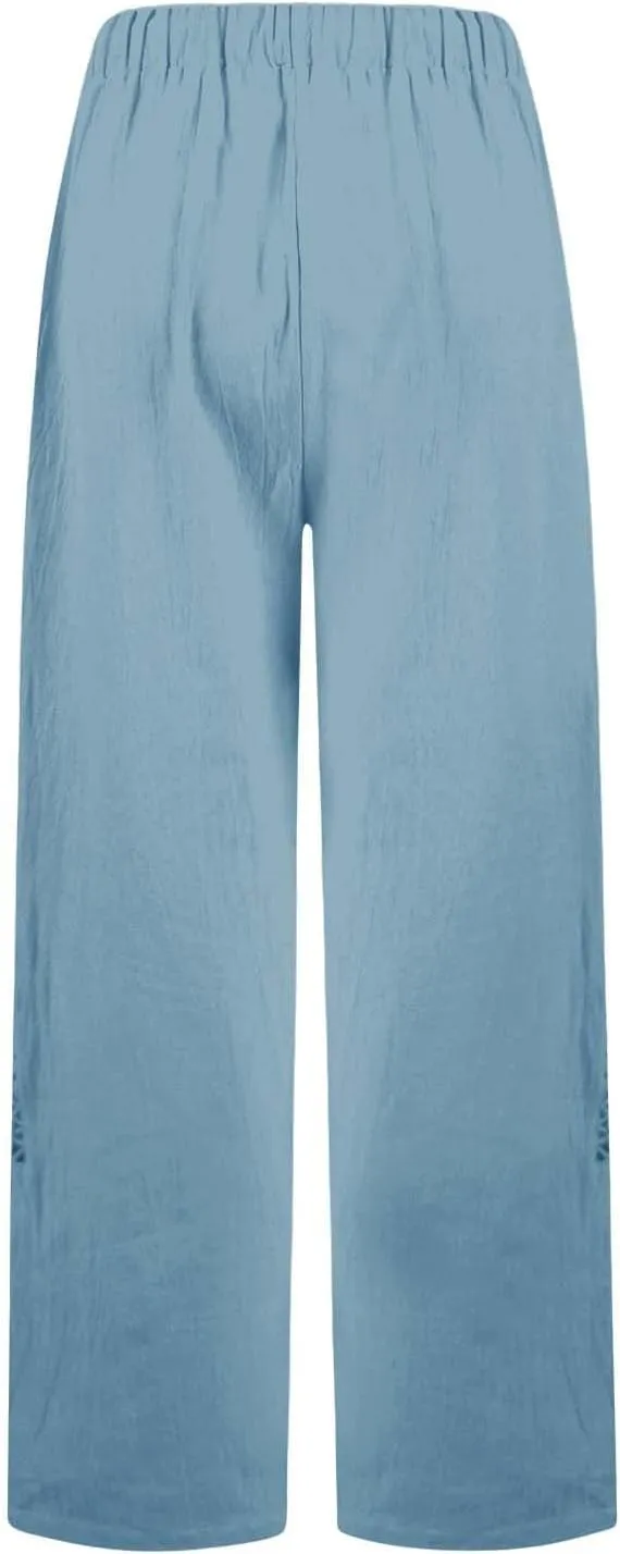 Drawstring Waist Linen Pants for Women Elastic Waistband Straight Leg Button Detailing Trouser Beach Boho Casual Pant