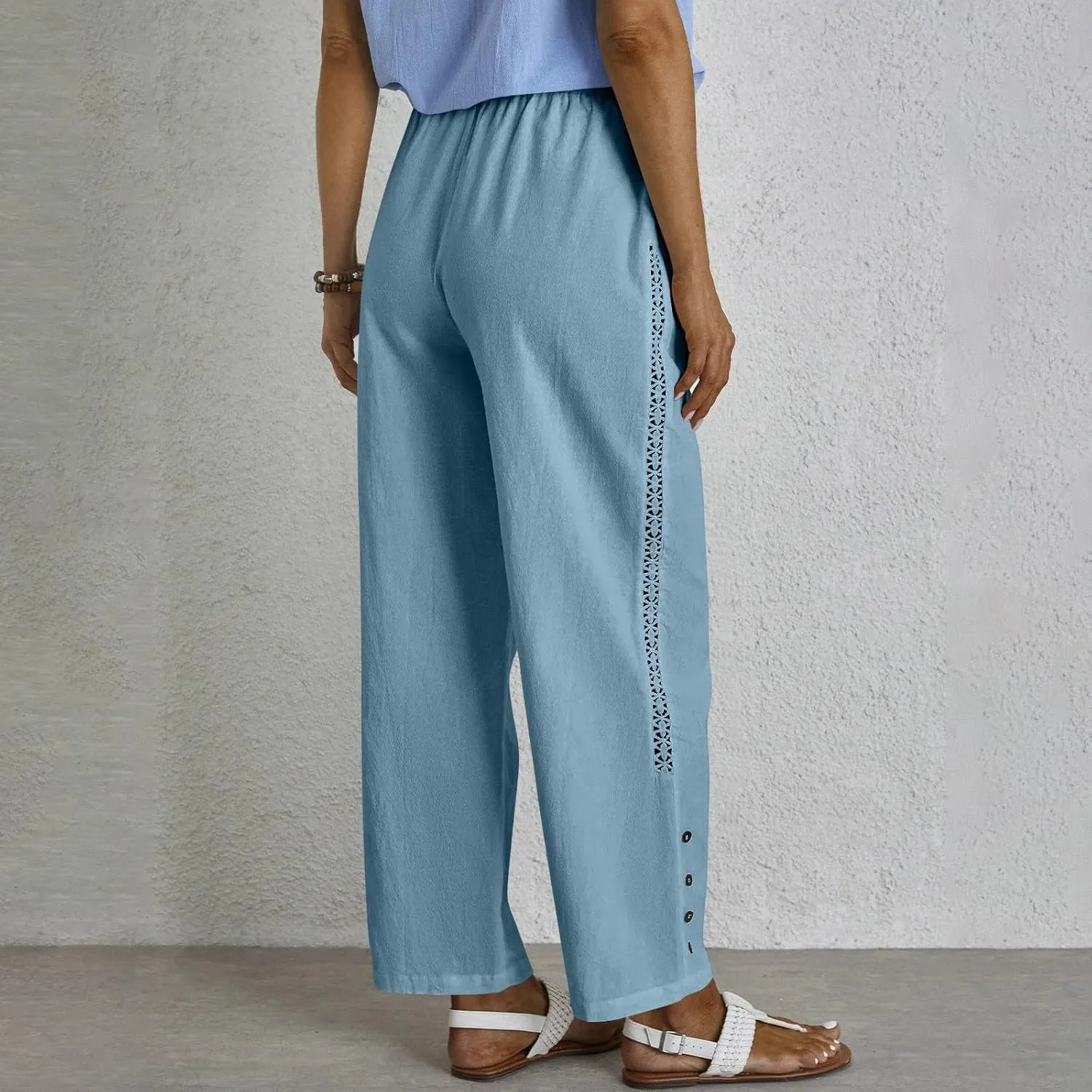 Drawstring Waist Linen Pants for Women Elastic Waistband Straight Leg Button Detailing Trouser Beach Boho Casual Pant